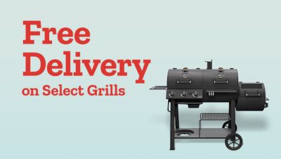 Free delivery on select grills. Blackstone griddle and Oklahoma Joe's offset smoker grill displayed on a light blue background beside promotional text.