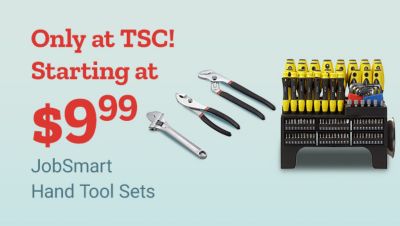 Only at Tractor Supply Company. Starting at 9 dollars and 99 cents. JobSmart hand tool sets. Adjustable wrench, pliers, groove joint pliers, and assorted screwdriver and bit sets displayed on a light blue background.
