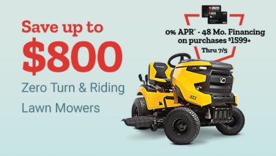 Save up to 800 dollars on zero turn and riding lawn mowers. Zero percent APR financing for 48 months on purchases 1,599 dollars and up through July 5th. Yellow Cub Cadet zero turn mower and riding lawn mower displayed on a light blue background beside financing promotion graphics.