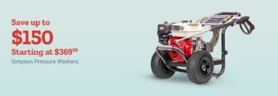 Save up to 150 dollars. Starting at 369 dollars and 99 cents. Simpson pressure washers. Red and black Simpson pressure washer displayed on a light blue background.