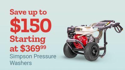 Save up to 150 dollars. Starting at 369 dollars and 99 cents. Simpson pressure washers. Red and black Simpson pressure washer displayed on a light blue background.