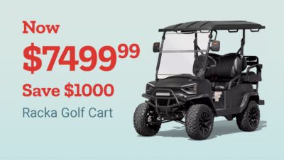 Now 7,499 dollars and 99 cents. Save 1,000 dollars on a Racka golf cart. Black four seat golf cart displayed on a light blue background.