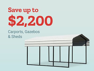 Save up to 2,200 dollars on carports, gazebos, and sheds. Metal-roof carport structure displayed on a light blue background beside promotional pricing text.