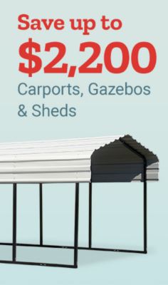 Save up to 2,200 dollars on carports, gazebos, and sheds. Metal-roof carport structure displayed on a light blue background beside promotional pricing text.