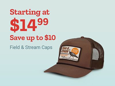 Starting at $14.99, Save Up to $10. Field and Stream caps. Brown mesh back trucker hat with a Field and Stream Hunt Club patch displayed on a light blue background.