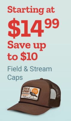 Starting at $14.99, Save Up to $10. Field and Stream caps. Brown mesh back trucker hat with a Field and Stream Hunt Club patch displayed on a light blue background.