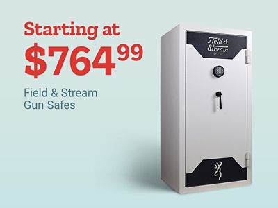 Starting at 764 dollars and 99 cents. Field and Stream gun safes. Save 15 percent on all gun safes. Black Field and Stream gun safe displayed on a light blue background.