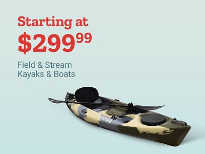 Starting at 299 dollars and 99 cents. Field and Stream kayaks and boats. Camouflage fishing kayak with elevated seat displayed on a light blue background.