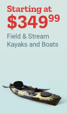 Starting at 349 dollars and 99 cents. Field and Stream kayaks and boats. Camouflage fishing kayak with elevated seat displayed on a light blue background.