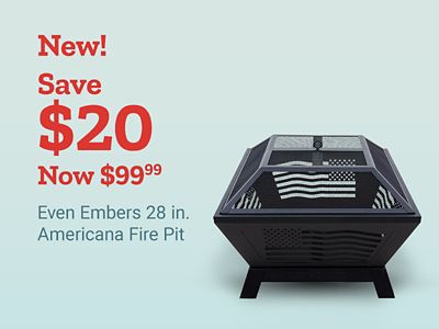 New. Save 20 dollars. Now 99 dollars and 99 cents. Even Embers 28 inch Americana fire pit. Black square fire pit with American flag cutout design displayed on a light blue background.