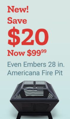 New. Save 20 dollars. Now 99 dollars and 99 cents. Even Embers 28 inch Americana fire pit. Black square fire pit with American flag cutout design displayed on a light blue background.