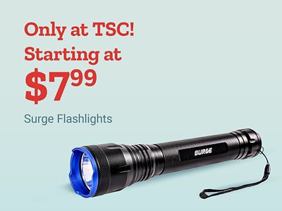 Only at Tractor Supply Company. Starting at 7 dollars and 99 cents. Surge flashlights. Black Surge flashlight with blue lens trim displayed on a light blue background.