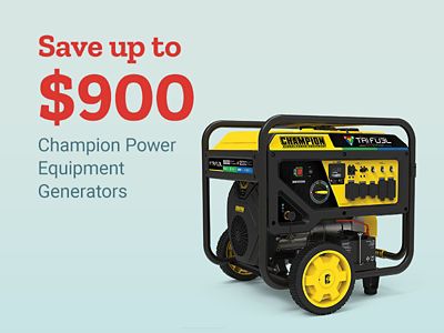 Save up to 900 dollars on Champion Power Equipment generators. Yellow and black Champion portable generator displayed on a light blue background.