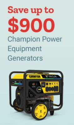 Save up to 900 dollars on Champion Power Equipment generators. Yellow and black Champion portable generator displayed on a light blue background.