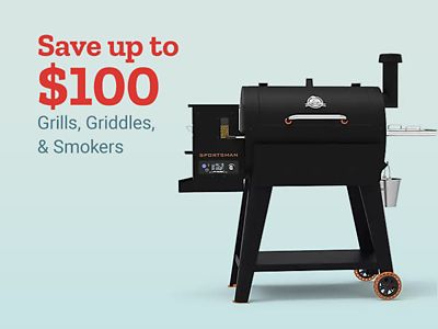 Save up to 100 dollars on grills, griddles, and smokers. Black Pit Boss pellet grill and smoker displayed on a light blue background.