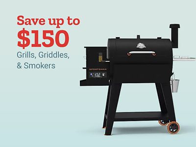 Save up to $150 on grills, griddles, and smokers. Black Pit Boss pellet grill and smoker displayed on a light blue background.