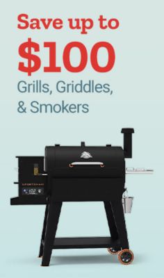 Save up to 100 dollars on grills, griddles, and smokers. Black Pit Boss pellet grill and smoker displayed on a light blue background.