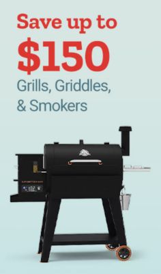 Save up to $150 on grills, griddles, and smokers. Black Pit Boss pellet grill and smoker displayed on a light blue background.