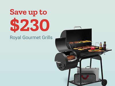 Save up to $230 on Royal Gourmet grills. Black barrel-style grill loaded with burgers, hot dogs, and vegetables displayed on a light blue background.