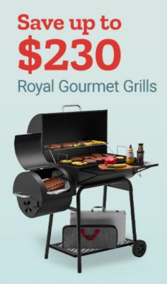 Save up to $230 on Royal Gourmet grills. Black barrel-style grill loaded with burgers, hot dogs, and vegetables displayed on a light blue background.