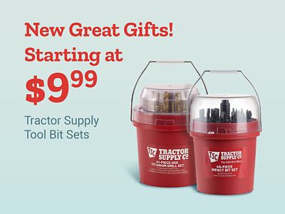 New great gifts. Starting at 9 dollars and 99 cents. Tractor Supply tool bit sets. Two red Tractor Supply Company tool bit containers with drill and impact bit sets displayed on a light blue background.