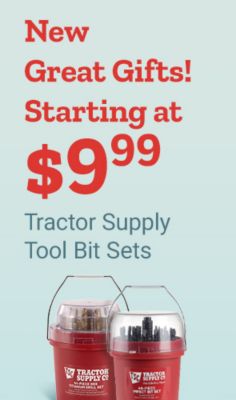New great gifts. Starting at 9 dollars and 99 cents. Tractor Supply tool bit sets. Two red Tractor Supply Company tool bit containers with drill and impact bit sets displayed on a light blue background.