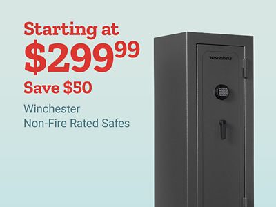 Starting at 299 dollars and 99 cents. Save 50 dollars on Winchester non-fire-rated safes. Tall black Winchester security safe displayed on a light blue background beside promotional pricing text.
