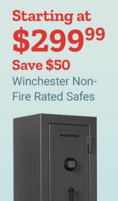 Starting at 299 dollars and 99 cents. Save 50 dollars on Winchester non-fire-rated safes. Tall black Winchester security safe displayed on a light blue background beside promotional pricing text.