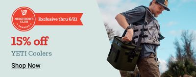 Neighbor's Club exclusive through June 21st. Save 15 percent on YETI coolers. People carrying and using YETI coolers outdoors displayed across the banner on a light blue and dark blue background. Shop now.
