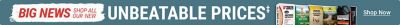 Big news. Shop all our new unbeatable prices. Assorted animal care and feed products including Tractor Supply Company premium pine shavings, Retriever dog food, Producer's Pride scratch grains, deer corn, and fuel treatment displayed on a blue background. Shop now.