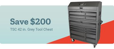 Tractor Supply Company promotion. Save 200 dollars on the TSC 42 inch gray tool chest. Image shows a gray rolling tool chest with multiple drawers on a light blue and red background.