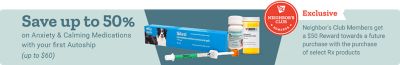 Neighbor's Club exclusive offer. Save up to 50
    percent on anxiety and calming medications with your first Autoship order, up to 50 dollars. Neighbor's Club members receive a 50 dollar reward toward a future purchase with the purchase of select prescription products. Sileo calming medication gel
    and prescription pet medications displayed on a light blue background.