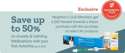 Neighbor's Club exclusive offer. Save up to 50
    percent on anxiety and calming medications with your first Autoship order, up to 50 dollars. Neighbor's Club members receive a 50 dollar reward toward a future purchase with the purchase of select prescription products. Sileo calming medication gel
    and prescription pet medications displayed on a light blue background.