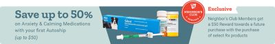 Neighbor's Club exclusive offer. Save up to 50
    percent on anxiety and calming medications with your first Autoship order, up to 50 dollars. Neighbor's Club members receive a 50 dollar reward toward a future purchase with the purchase of select prescription products. Sileo calming medication gel
    and prescription pet medications displayed on a light blue background.