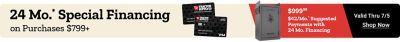 Twenty-four months special financing on purchases of 799 dollars or more. Tractor Supply credit cards displayed beside a Cannon Overlander gun safe. Suggested payments of 42 dollars per month with 24-month financing. Valid through July 5th. Shop now.