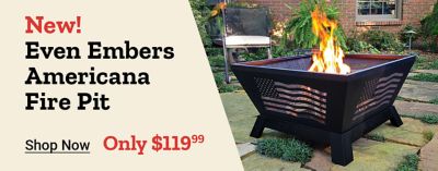 New Even Embers Americana fire pit for $119.99. Square steel fire pit with American flag design shown.
