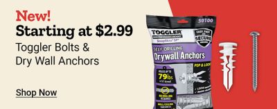 New. Starting at two dollars and ninety-nine cents. Toggler bolts and drywall anchors. Images of various Toggler drywall anchors, toggle bolts, and fasteners are shown. Shop now.