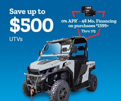 Save up to $500 on UTVs. Plus 0% APR financing for 48 months on purchases of $1,599 or more through July 5. Featured side-by-side utility vehicles shown.