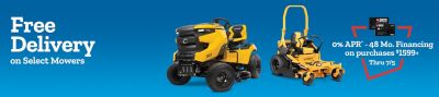 Free delivery on select mowers. A yellow Cub Cadet riding lawn mower and a Cub Cadet zero-turn mower are shown. Zero percent APR and forty-eight month financing is available on purchases of one thousand five hundred ninety-nine dollars or more through July fifth.