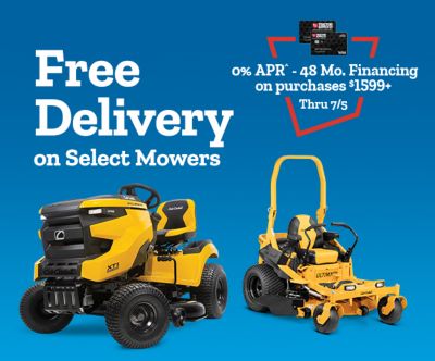 Free delivery on select mowers. A yellow Cub Cadet riding lawn mower and a Cub Cadet zero-turn mower are shown. Zero percent APR and forty-eight month financing is available on purchases of one thousand five hundred ninety-nine dollars or more through July fifth.