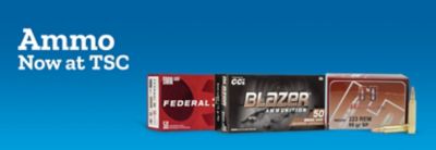 Ammo now at TSC. Boxes of ammunition are shown, including Federal nine millimeter Luger, Blazer ammunition, and Hornady .223 Remington cartridges.