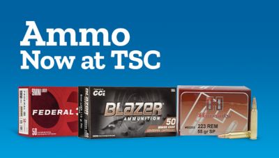 Ammo now at TSC. Boxes of ammunition are shown, including Federal nine millimeter Luger, Blazer ammunition, and Hornady .223 Remington cartridges.
