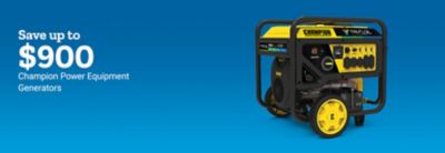 Save up to $900. Champion Power Equipment generators. A yellow and black Champion portable generator is shown.