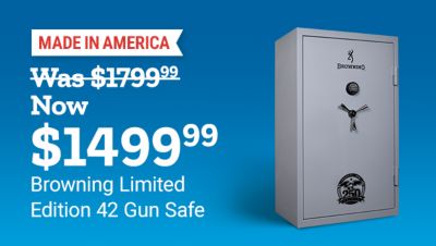 Made in America. Was one thousand seven hundred ninety-nine dollars and ninety-nine cents. Now one thousand four hundred ninety-nine dollars and ninety-nine cents. Browning limited edition forty-two gun safe. A large gray Browning gun safe is shown.