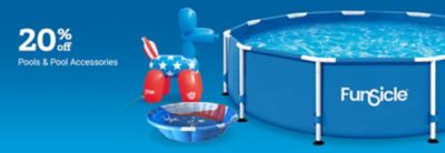 20 percent off pools and pool accessories. A large above-ground FunSicle swimming pool is shown alongside a patriotic inflatable dog-shaped float and a small red, white, and blue kiddie pool.