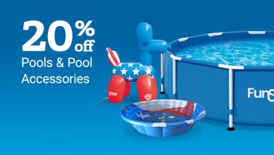 20 percent off pools and pool accessories. A large above-ground FunSicle swimming pool is shown alongside a patriotic inflatable dog-shaped float and a small red, white, and blue kiddie pool.