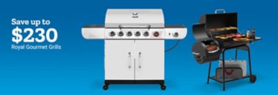 Save up to two hundred thirty dollars. Royal Gourmet grills. A black Royal Gourmet smoker grill is shown open with cooked food on the racks and side shelf.
