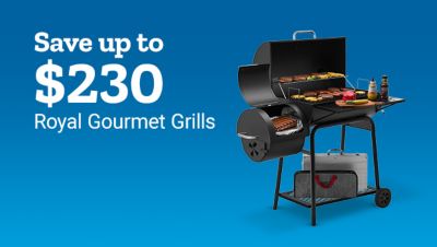 Save up to two hundred thirty dollars. Royal Gourmet grills. A black Royal Gourmet smoker grill is shown open with cooked food on the racks and side shelf.