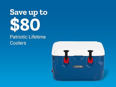 Save up to eighty dollars on patriotic Lifetime coolers. A blue and white Lifetime hard-sided cooler with red latches is shown.