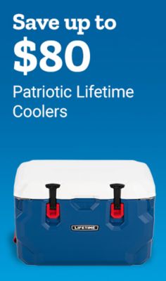 Save up to eighty dollars on patriotic Lifetime coolers. A blue and white Lifetime hard-sided cooler with red latches is shown.